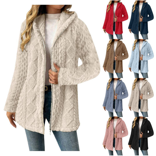 Damen Kapuzen-Sherpajacke mit Zopfmuster, mittellang und Zwei-Wege-Reißverschluss Nord Taschen