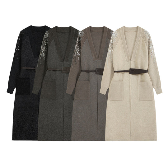 Damen Lange Strickjacke mit Gürtel, tiefem V‑Ausschnitt und bestickten Paillettenärmeln Nord Taschen