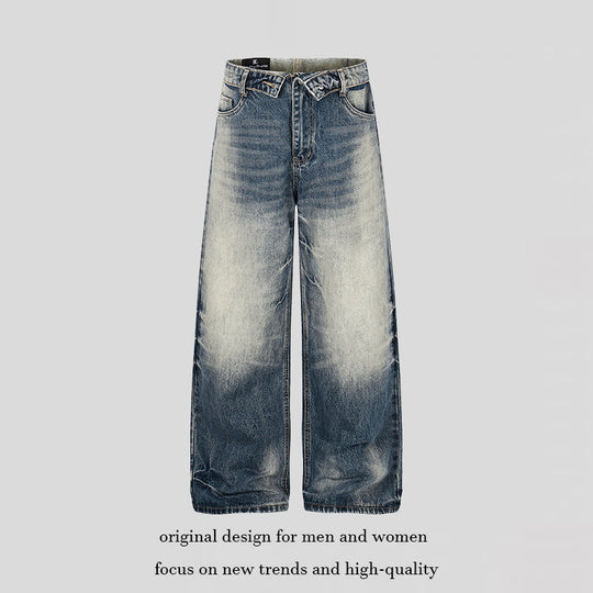Damen Weite hochgeschnittene Jeanshose im Palazzo‑Schnitt mit Used‑Waschung Nord Taschen