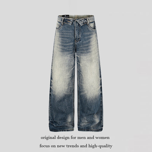 Damen Weite hochgeschnittene Jeanshose im Palazzo‑Schnitt mit Used‑Waschung Nord Taschen