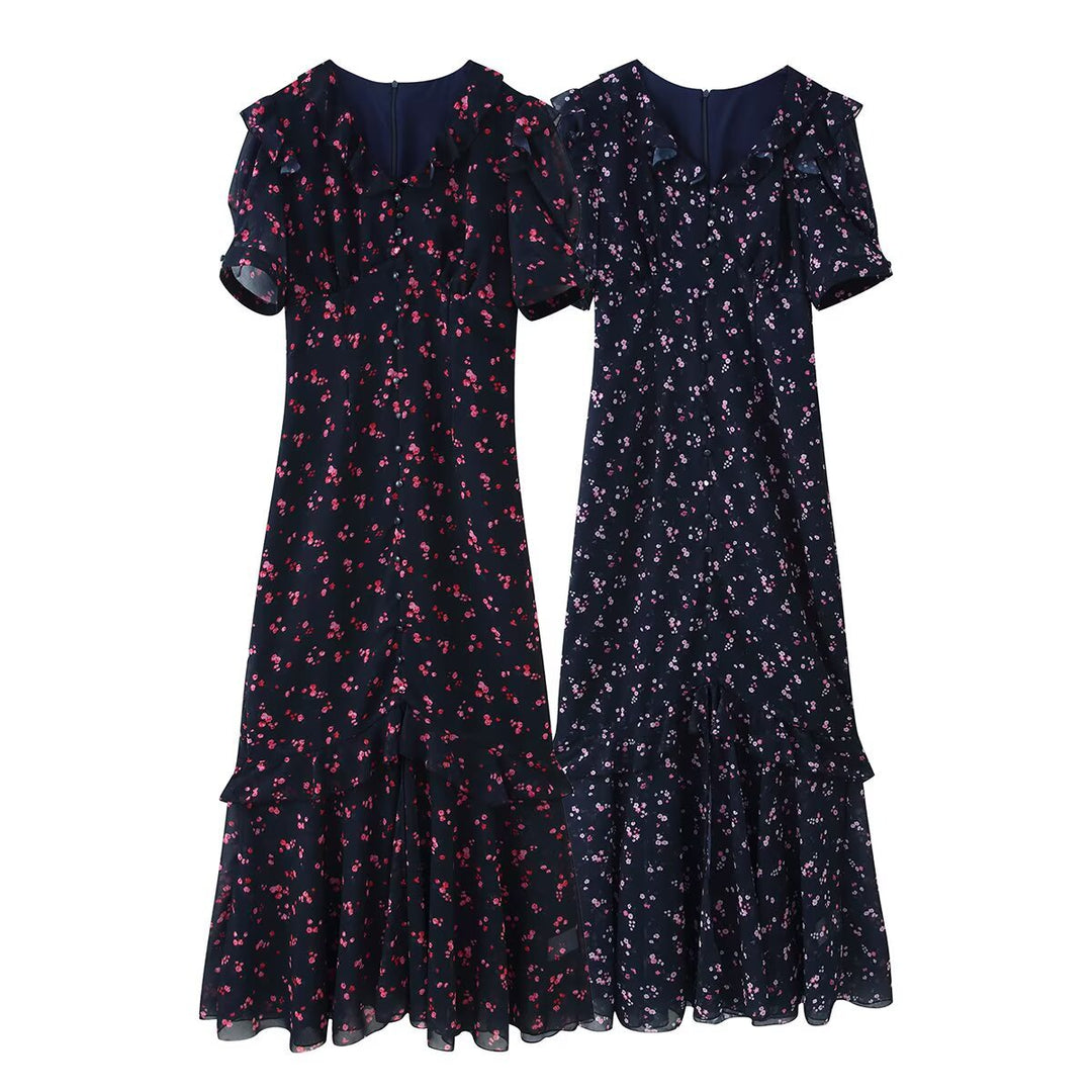 Damen Maxikleid mit Volants, V-Ausschnitt und floralem Chiffon-Look Nord Taschen