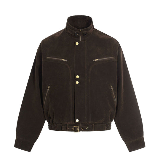 Herren Veloursleder-Blouson im Aviator‑Stil mit Stehkragen, Taillenriegel und Reißverschlusstaschen Nord Taschen