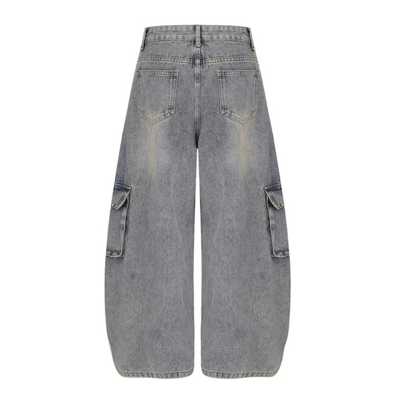 Damen Extraweite Cargo‑Palazzo‑Jeans mit hoher Taille, aufgesetzten Taschen und Strassbesatz Nord Taschen
