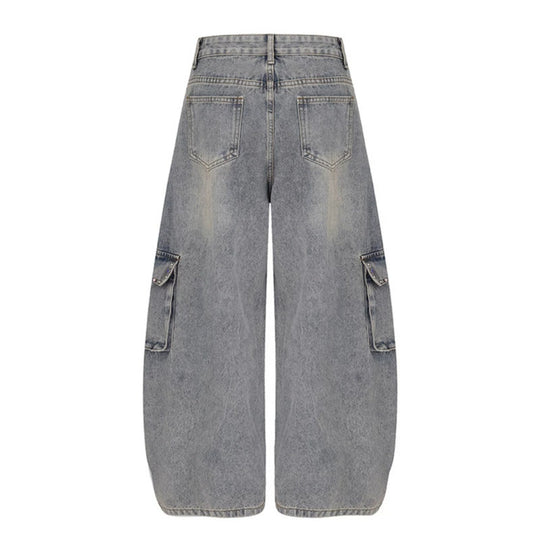 Damen Extraweite Cargo‑Palazzo‑Jeans mit hoher Taille, aufgesetzten Taschen und Strassbesatz Nord Taschen