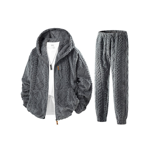 Herren Kuscheliges Sherpa-Fleece Set mit Kapuzenjacke und Strick‑Optik Jogginghose Nord Taschen