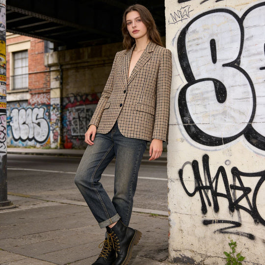 Damen Karo-Sakko im modernen Tailoring mit Reverskragen, zwei-Knopf-Verschluss und gefütterten Pattentaschen Nord Taschen
