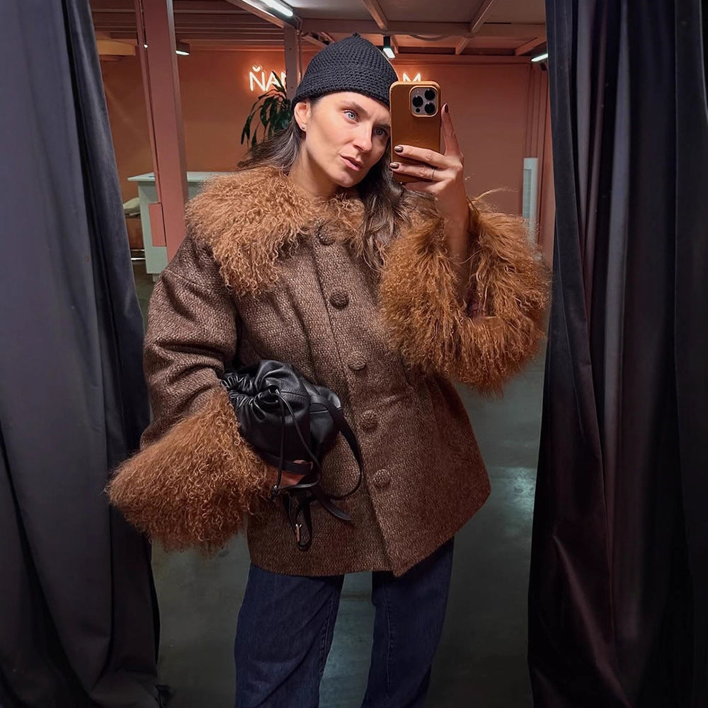 Damen Oversize Wollmix-Marka Mantel mit voluminösem Lammfellimitatkragen und extra weitem Ärmelabschluss Nord Taschen