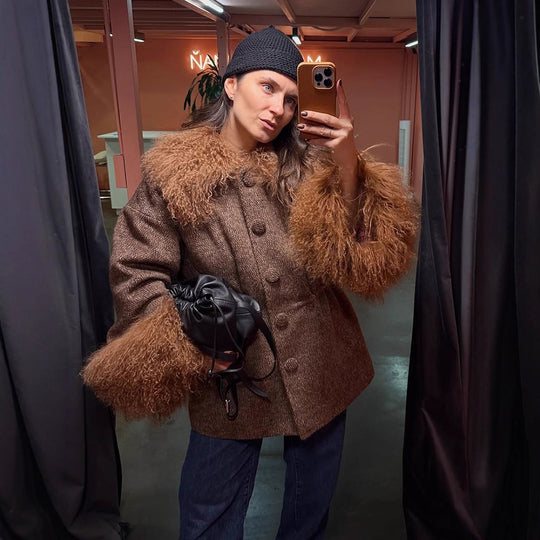 Damen Oversize Wollmix-Marka Mantel mit voluminösem Lammfellimitatkragen und extra weitem Ärmelabschluss Nord Taschen