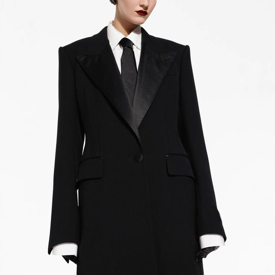 Damen Eleganter Smoking-Hosenanzug mit langem Mantel und weiten Bundfaltenhosen Nord Taschen