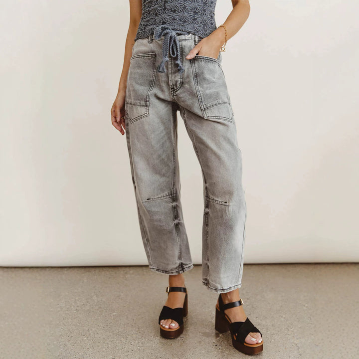 Damen lässige Cargo-Denim Culotte mit Kordelbund und großen aufgesetzten Taschen Nord Taschen