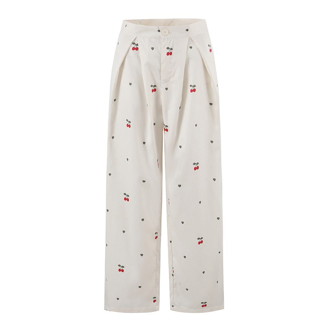Damen weite High‑Waist Hose mit Kirschenprint und Bundfalten Nord Taschen