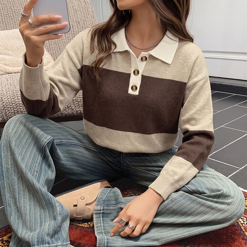 Damen Modischer Pullover mit Streifen und Knopfleiste Nord Taschen