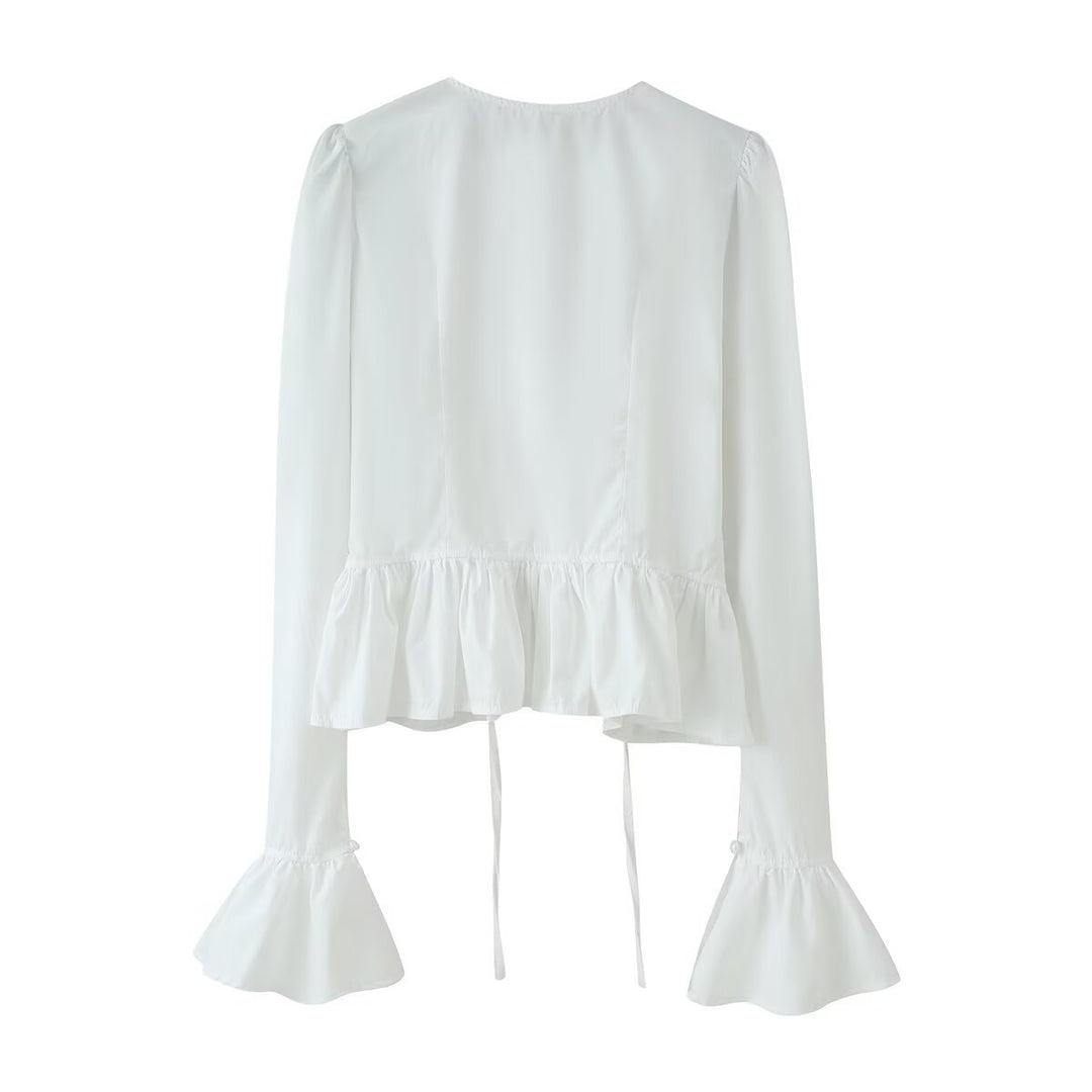 Damen Rüschenbluse mit Kordelzug, Volant-Saum und Glockenärmeln Nord Taschen