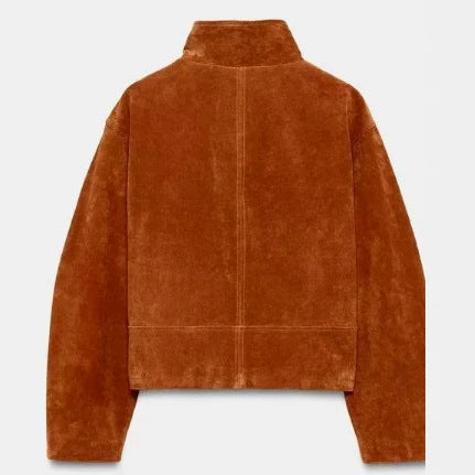 Damen Cropped-Veloursjacke im minimalistischen Design mit Stehkragen, Ziernähten und Reißverschlusstaschen Nord Taschen
