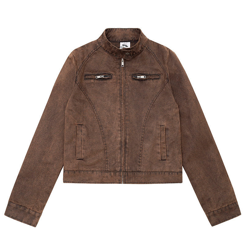 Damen kurze Bikerjacke aus Vintage‑Lederoptik mit Stehkragen und Brustzipper Nord Taschen