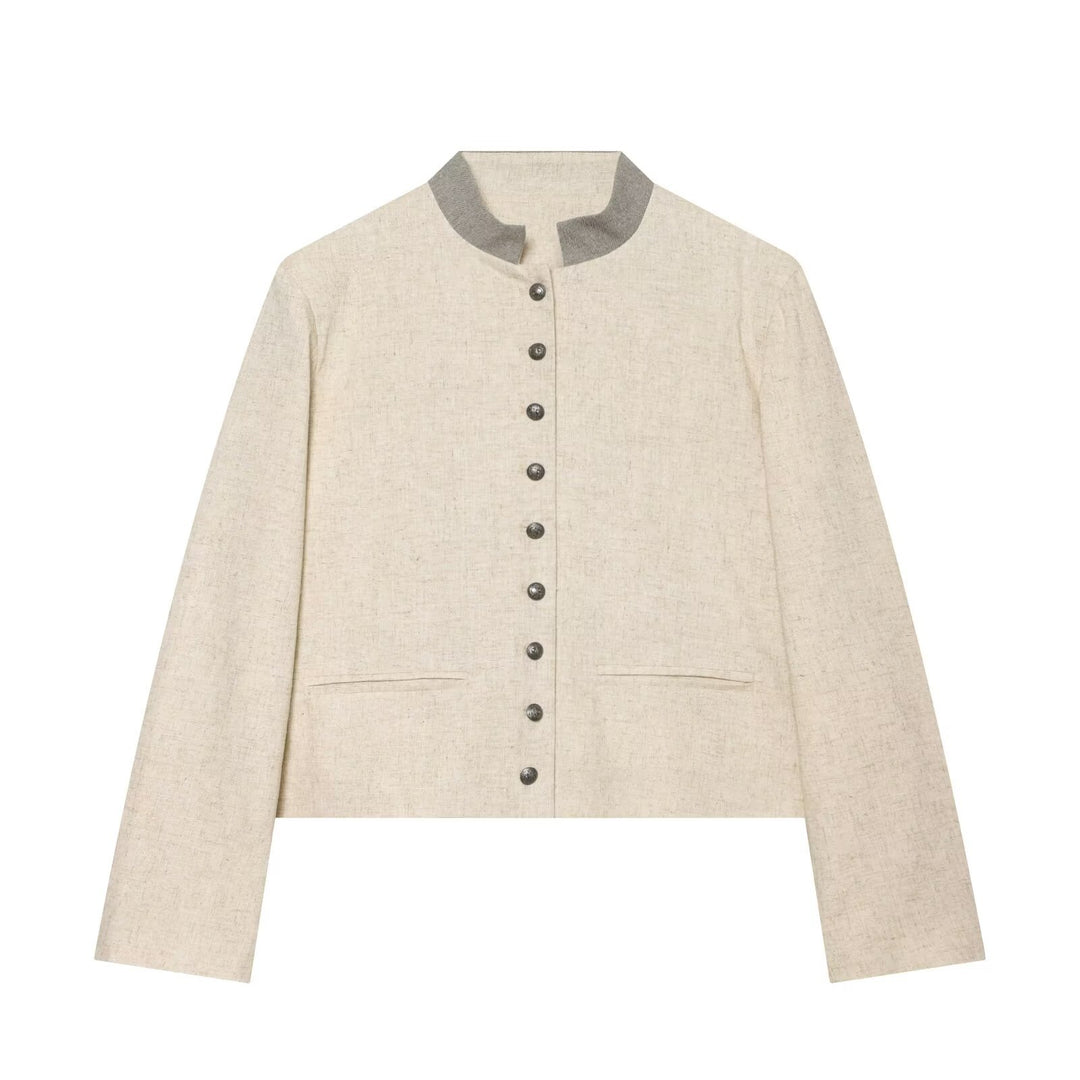 Damen Cropped Jacke im Boxy‑Schnitt mit kurzem Stehkragen und Zierknopfleiste Nord Taschen
