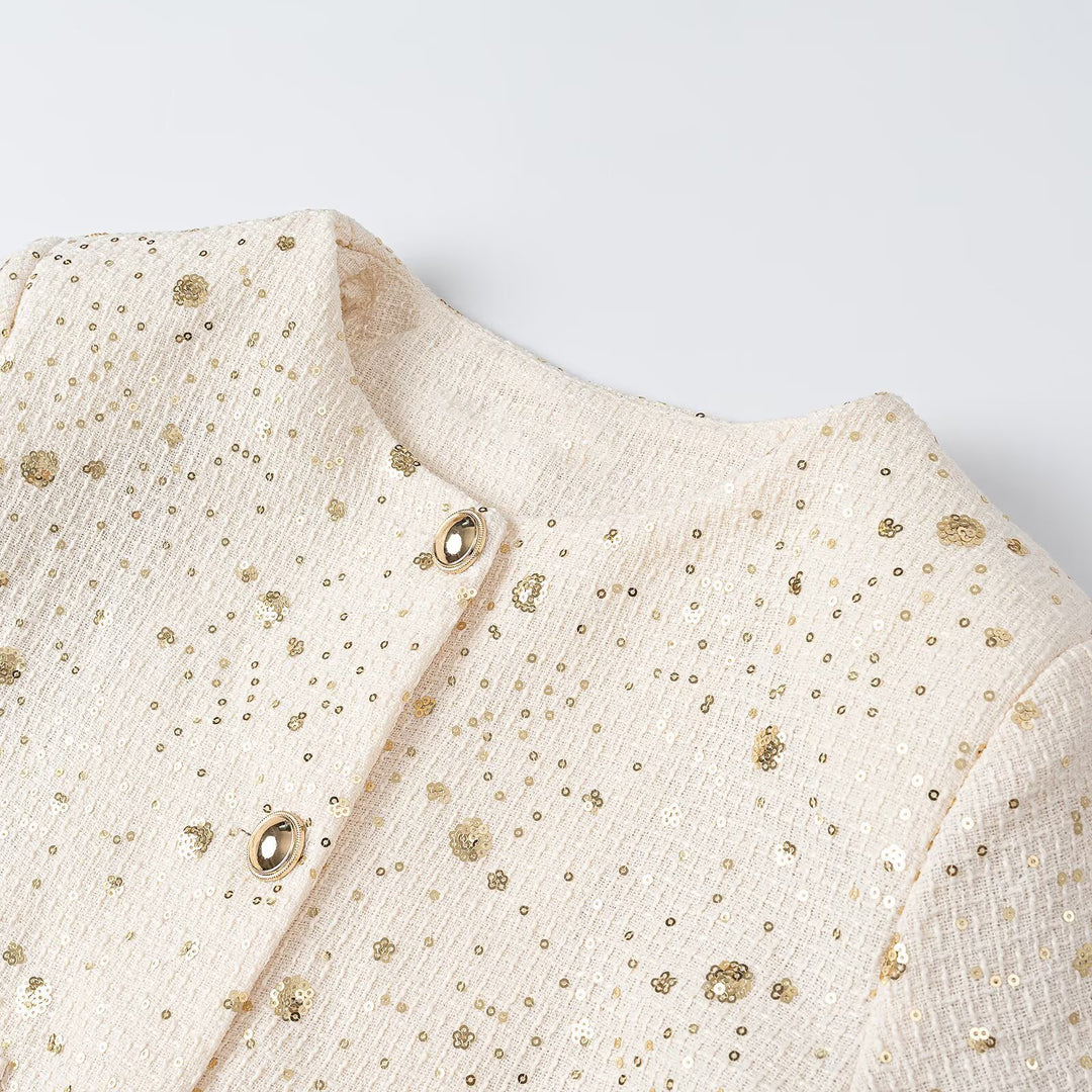 Damen Bouclé-Cropped-Jacke mit Paillettenbesatz, Rundhals und aufgesetzten Taschen Nord Taschen