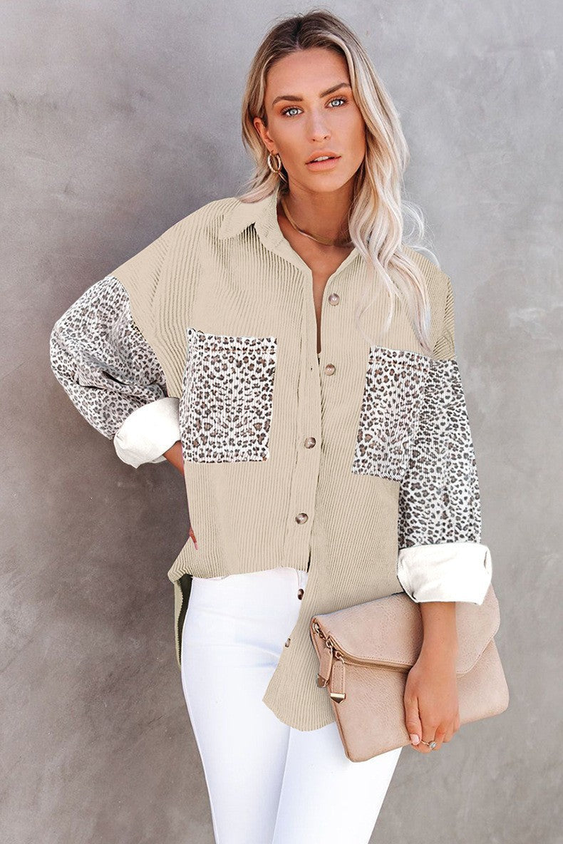 Damen Oversize-Hemdbluse mit Strukturstoff und Leo-Print Einsätzen Nord Taschen