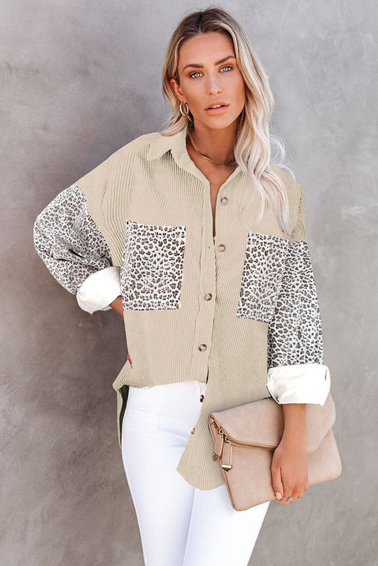 Damen Oversize-Hemdbluse mit Strukturstoff und Leo-Print Einsätzen Nord Taschen