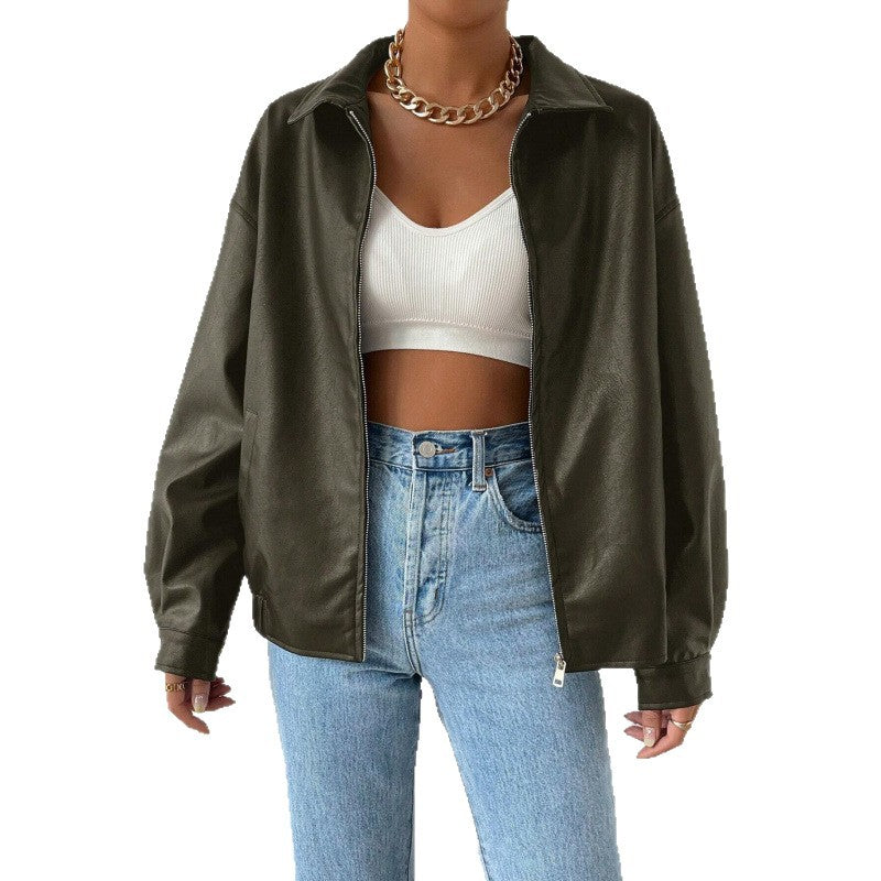 Damen Oversized Kunstleder-Blouson mit Reißverschluss und Hemdkragen Nord Taschen