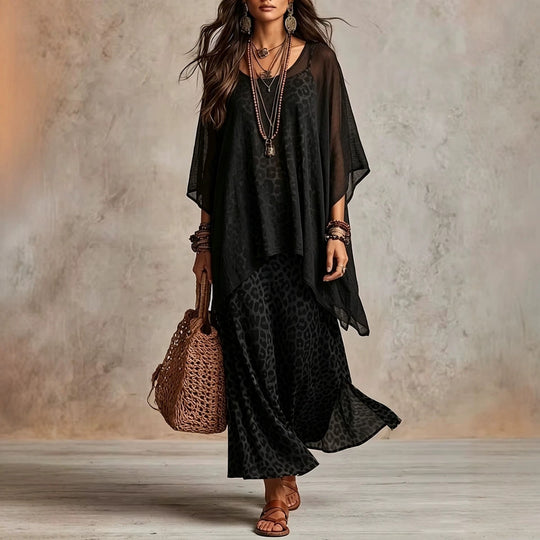 Damen Boho-Maxikleid mit transparentem Poncho-Overlay und Leopardenmuster Nord Taschen
