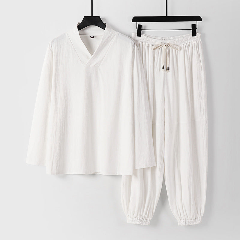 Herren Lockeres Leinen-Loungewear-Set mit V-Ausschnitt elastischem Bund und gerafften Knöcheln Nord Taschen