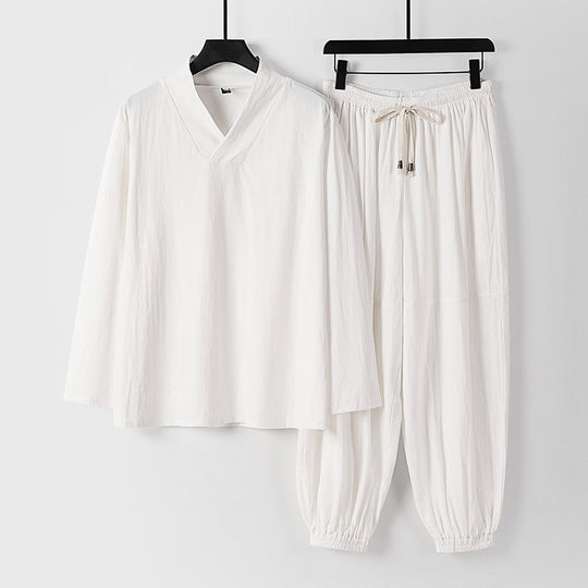 Herren Lockeres Leinen-Loungewear-Set mit V-Ausschnitt elastischem Bund und gerafften Knöcheln Nord Taschen