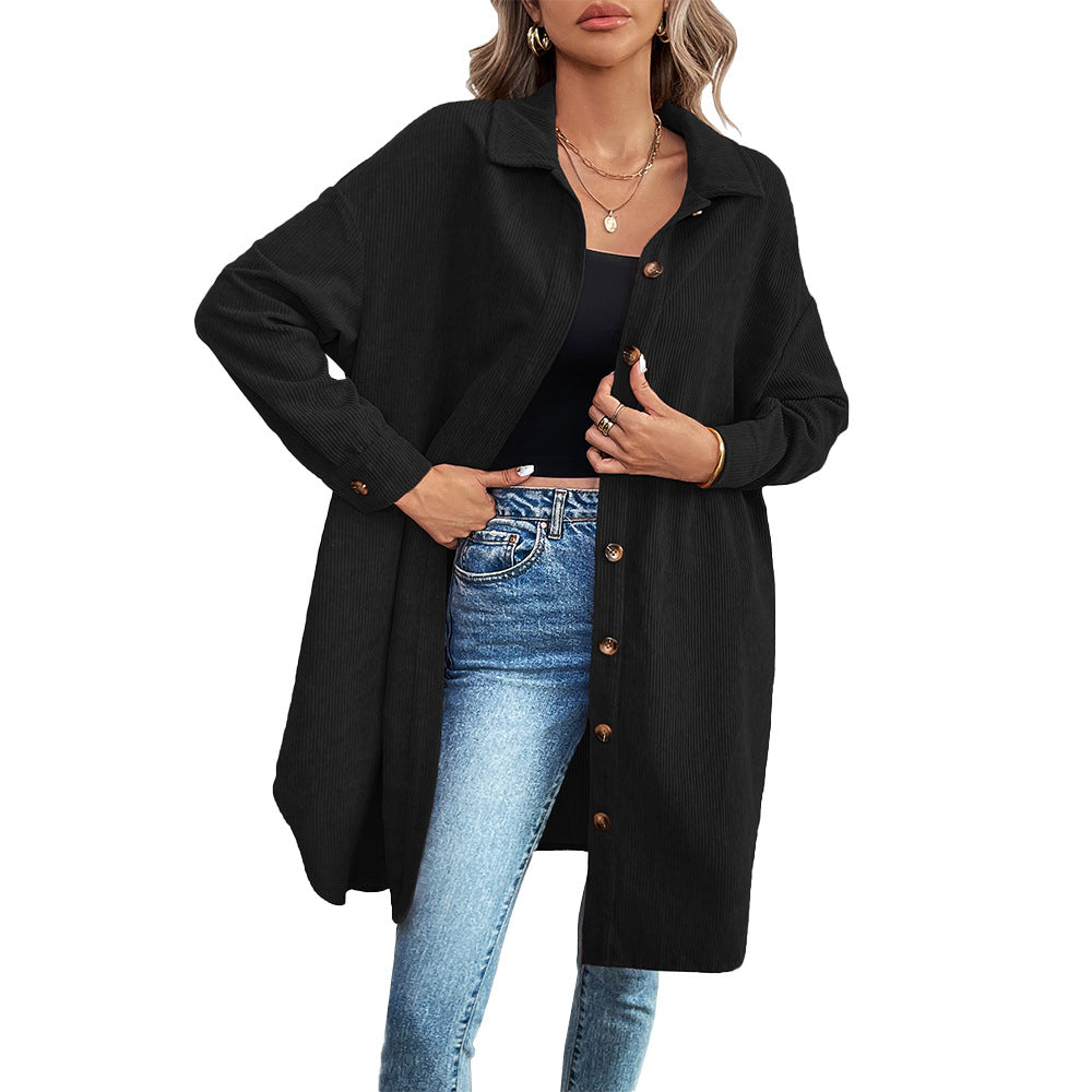 Damen lange Oversize-Cord-Hemdjacke mit durchgehender Knopfleiste und Hemdblusen-Kragen Nord Taschen