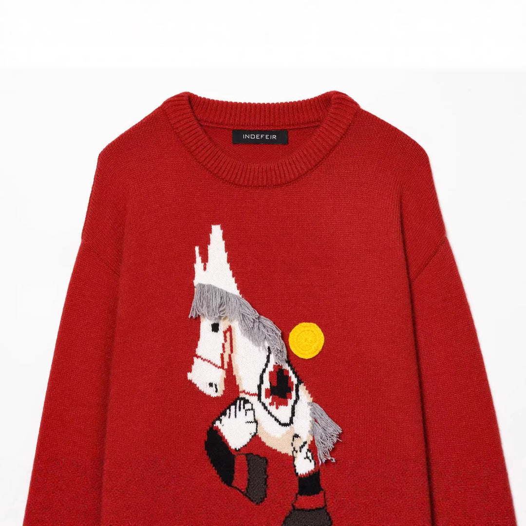Damen Strickpullover mit Pferde-Motiv und Fransenapplikation, Oversize-Rundhals Nord Taschen