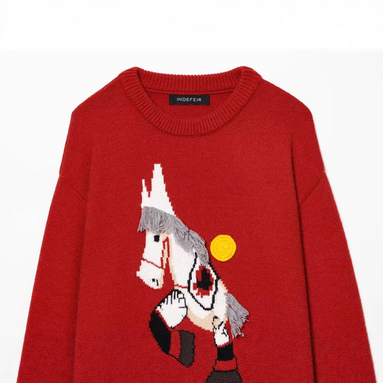 Damen Strickpullover mit Pferde-Motiv und Fransenapplikation, Oversize-Rundhals Nord Taschen