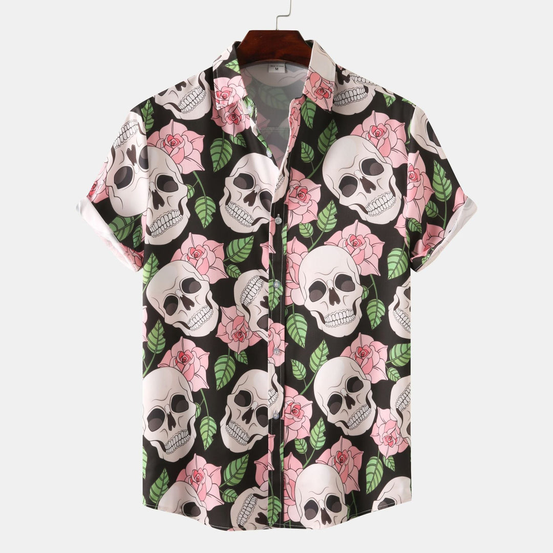 Herren Kurzarmhemd mit kreativem Totenkopf- und Blumenmuster