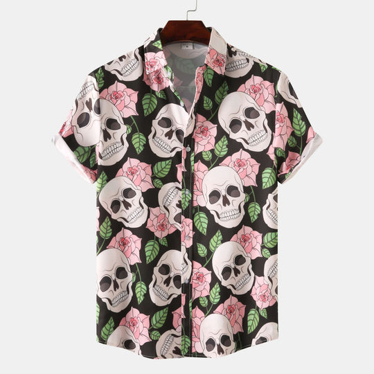 Herren Kurzarmhemd mit kreativem Totenkopf- und Blumenmuster