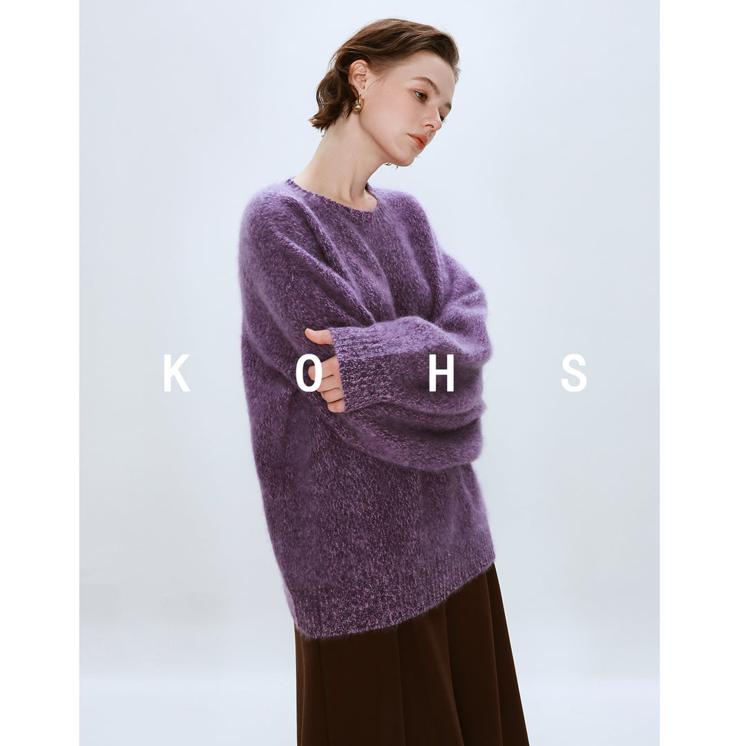 Damen Oversize Mohair-Optik Pullover mit Rundhalsausschnitt Nord Taschen