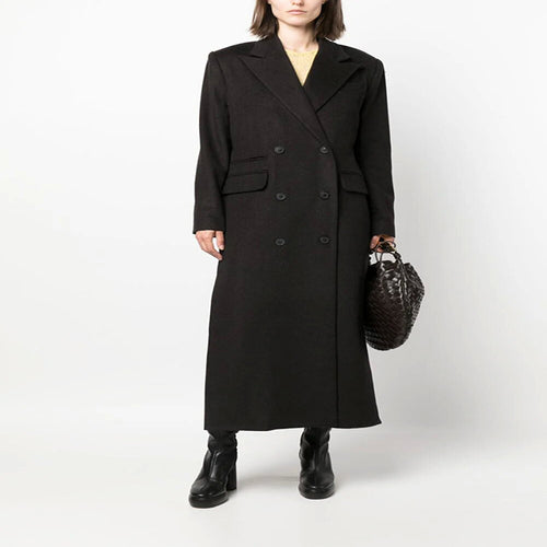Damen Maxilanger Doppelreihiger Wollmix-Longcoat mit strukturierten Schultern und Pattentaschen Nord Taschen