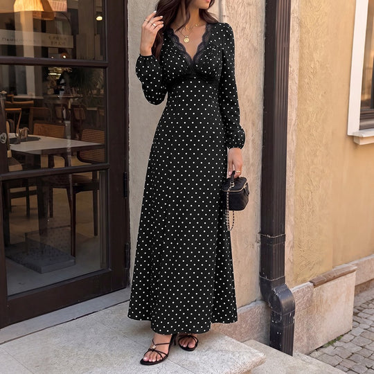 Damen Polka‑Dot Maxikleid mit Spitzen‑V-Ausschnitt, Empire‑Taillenlinie und langem Fließrock Nord Taschen