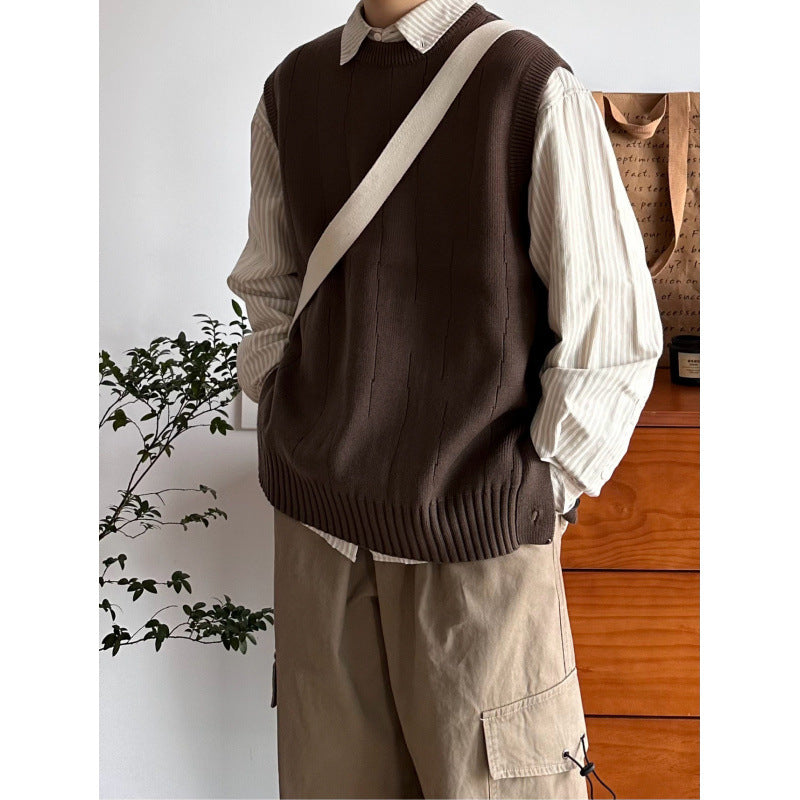 Herren Oversized Ärmellose Strickweste mit geripptem Saum und Rundhalsausschnitt Nord Taschen