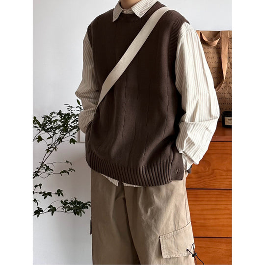 Herren Oversized Ärmellose Strickweste mit geripptem Saum und Rundhalsausschnitt Nord Taschen