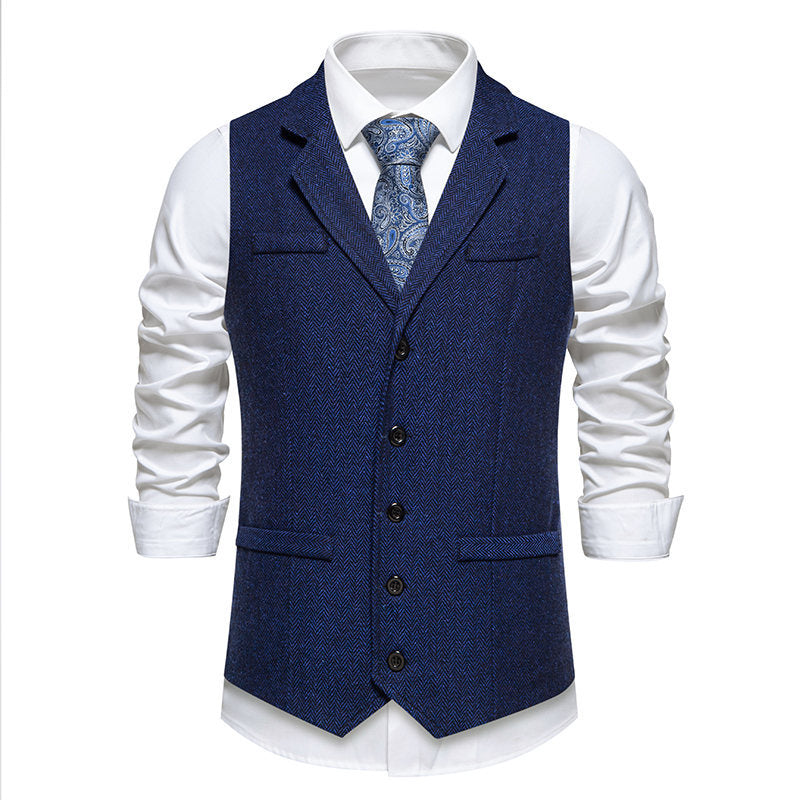 Herren Tweed-Weste mit Fischgrätmuster, Reverskragen und Pattentaschen Nord Taschen