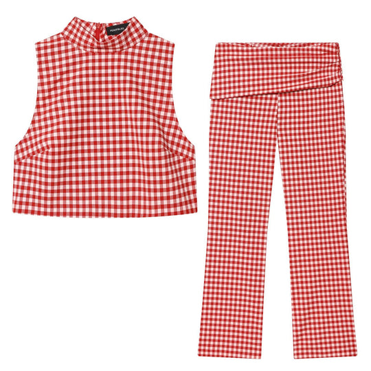 Damen Highwaist Karierte Hose mit Umschlagbund und weitem Bein Nord Taschen