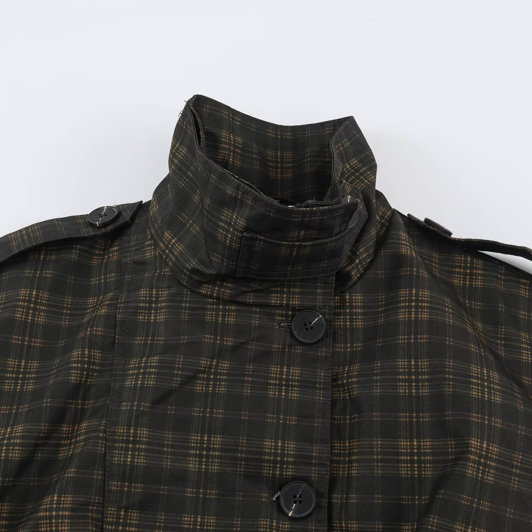 Damen Karierter Cropped‑Bomber mit weitem Ballonärmeln und hohem Stehkragen Nord Taschen