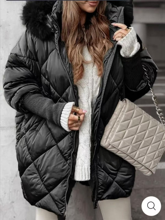 Damen langer gesteppter Winterparka mit großer Kapuze und Kunstfellbesatz Nord Taschen
