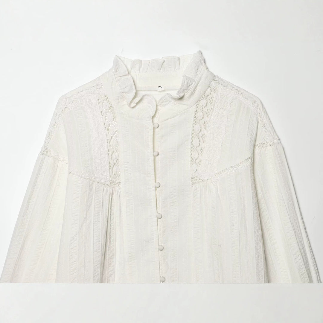 Damen Lockeres Vintage-Bluse mit Stehkragen, Spitzeinsätzen und Ballonärmeln Nord Taschen