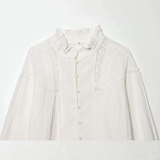 Damen Lockeres Vintage-Bluse mit Stehkragen, Spitzeinsätzen und Ballonärmeln Nord Taschen