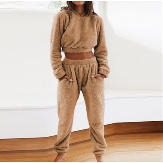 Damen Kuschelige Teddy-Fleece-Loungewear mit Cropped-Hoodie und High-Waist-Jogginghose Nord Taschen