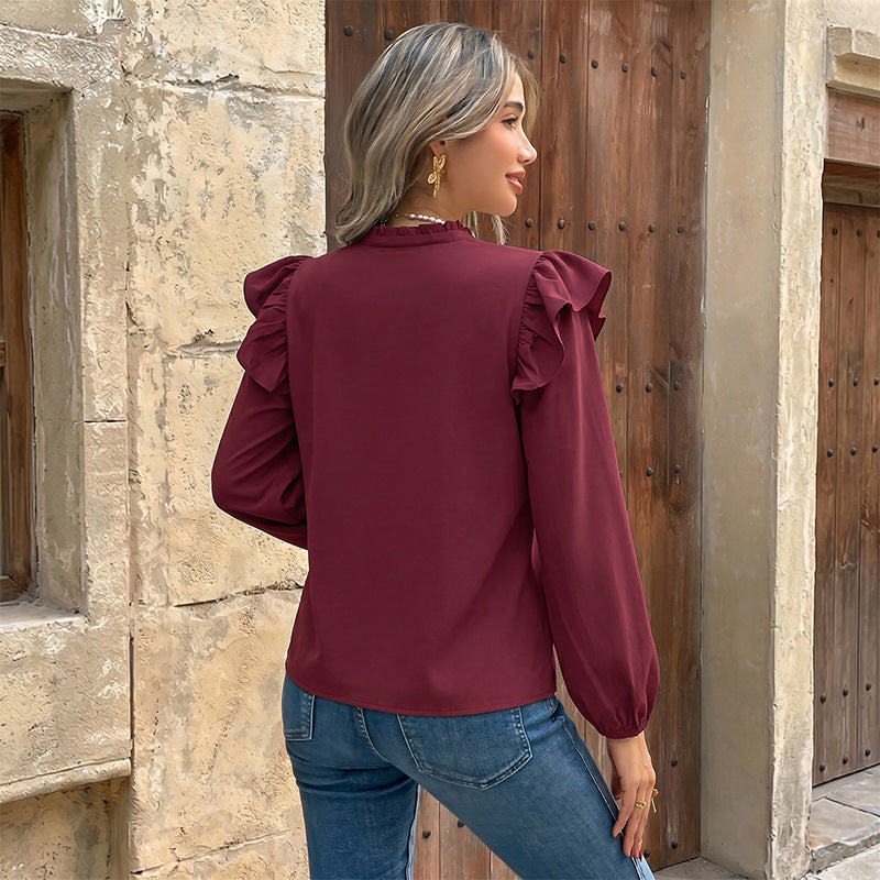 Damen Verspielte Bluse mit Rüschensleeves und Knopfdetails Nord Taschen