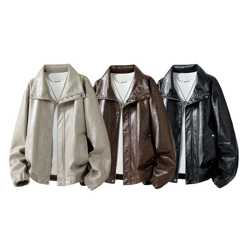 Herren Oversize Kunstleder‑Fliegerjacke mit breitem Umlegekragen, Zwei‑Wege‑Reißverschluss & gerippten Abschlüssen Nord Taschen
