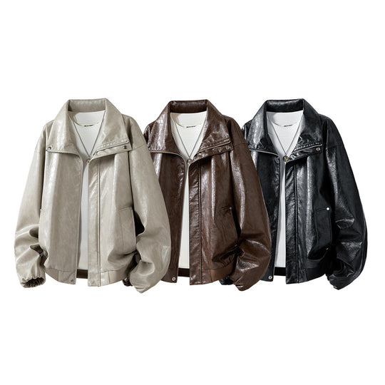 Herren Oversize Kunstleder‑Fliegerjacke mit breitem Umlegekragen, Zwei‑Wege‑Reißverschluss & gerippten Abschlüssen Nord Taschen
