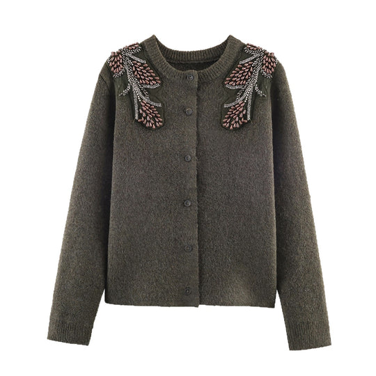 Damen Kurze Bouclé-Strickjacke mit Perlen- und Perlenapplikation an den Schultern Nord Taschen