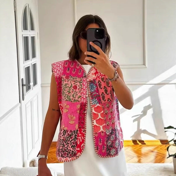 Damen Gesteppte Weste mit Toile‑Print, gestreifter Innenverarbeitung und Kordelbindung Nord Taschen