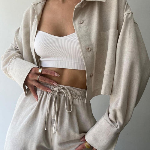 Damen Leinenoptik-Loungewear-Set mit Cropped-Overshirt und High-Waist-Tunnelzughose Nord Taschen